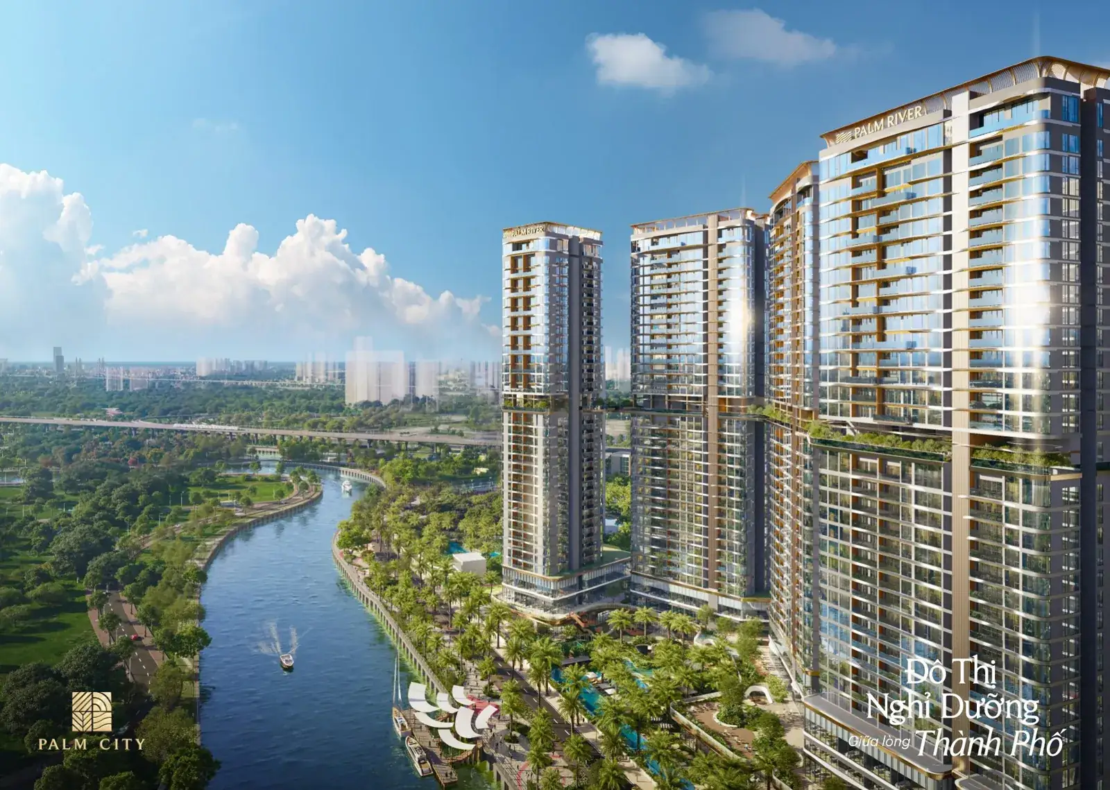 Phối cảnh toà căn hộ Palm River ven sông đang mở bán tại Palm City