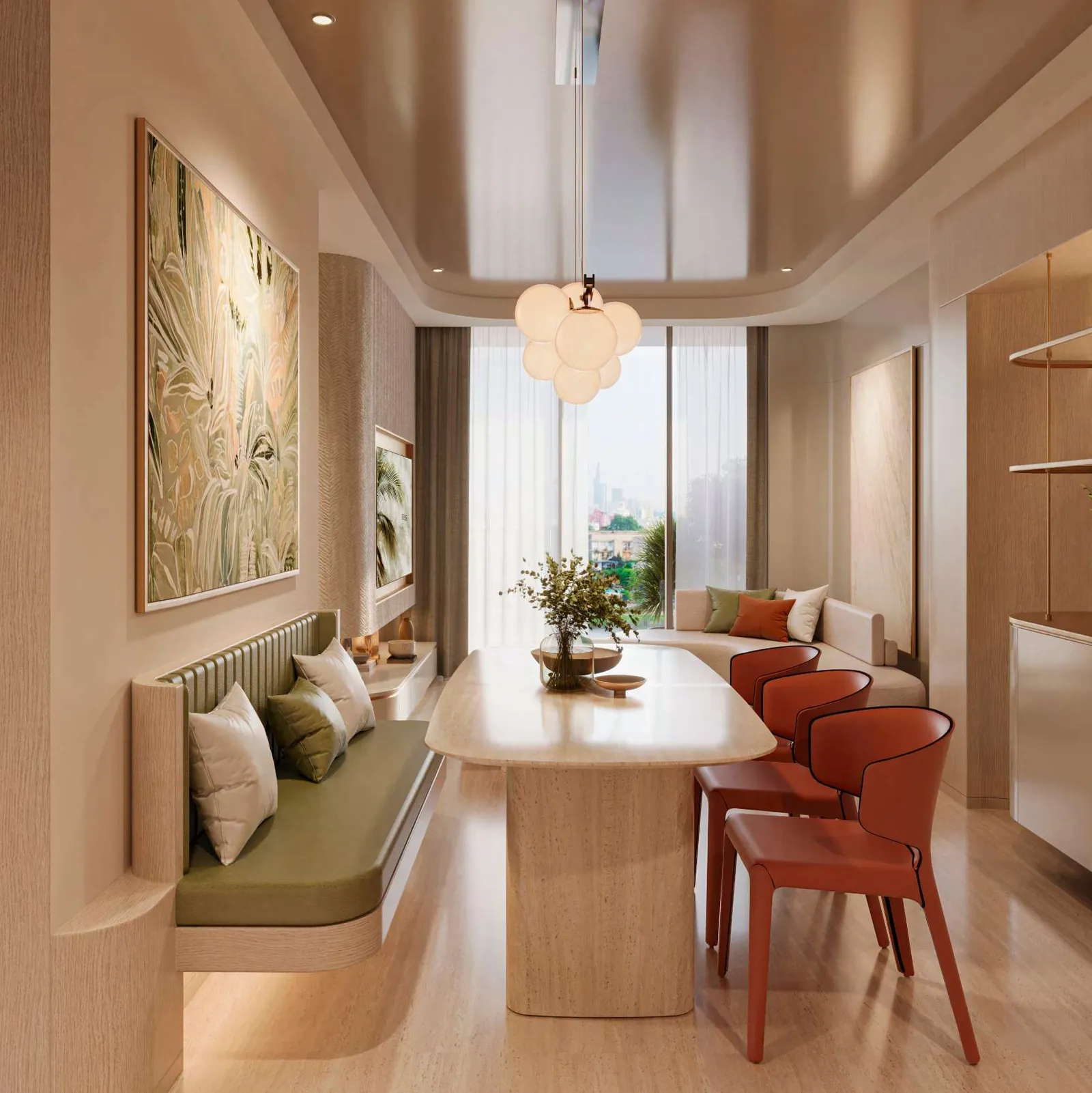 Không gian phòng ăn căn hộ Palm River với ghế băng, bàn gỗ và tranh nghệ thuật