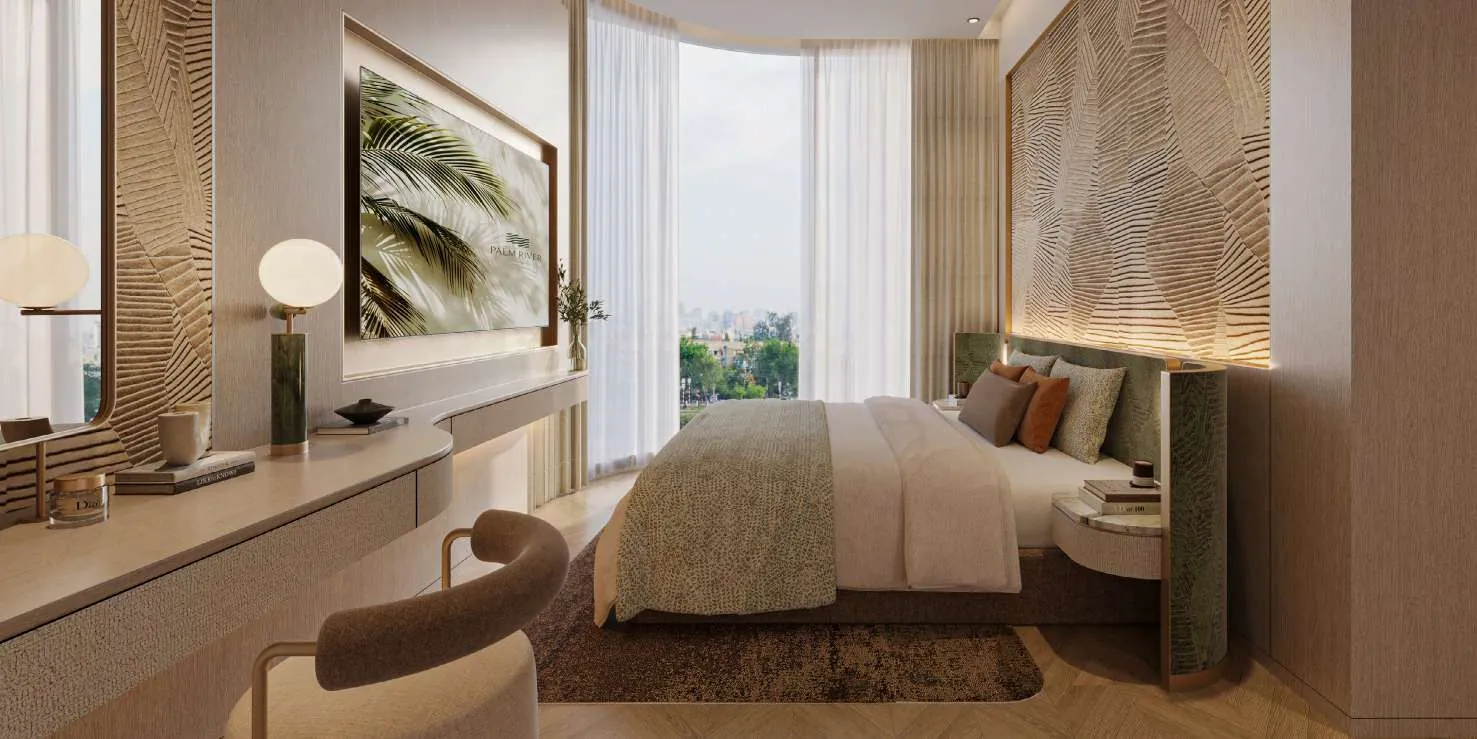 Phòng ngủ căn hộ Palm River thiết kế phong cách Wabi-Sabi với tông gỗ ấm và cửa kính lớn