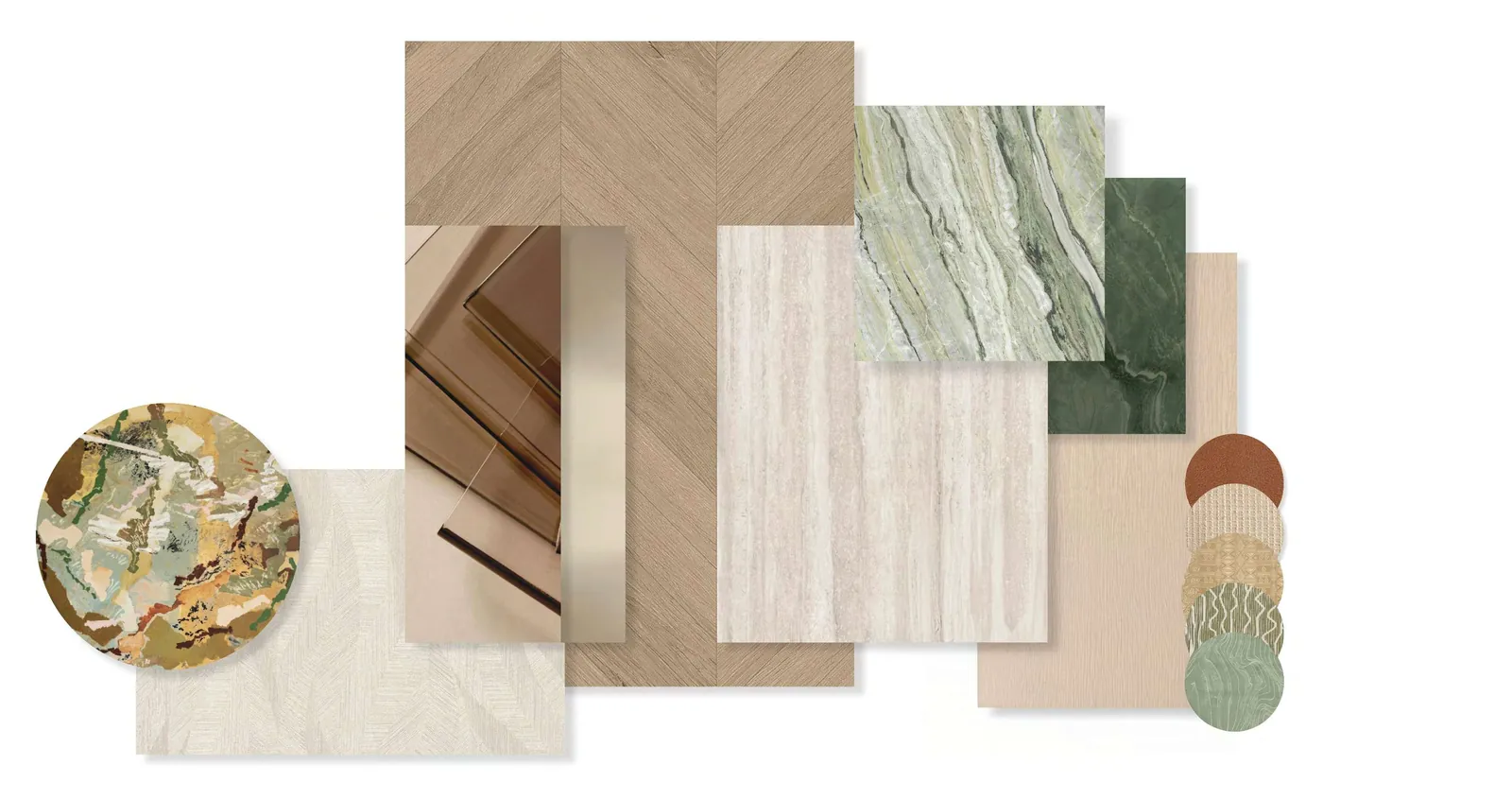 Bảng vật liệu nội thất phong cách Wabi-Sabi của căn hộ Palm River với gỗ, đá marble xanh và đồng thau